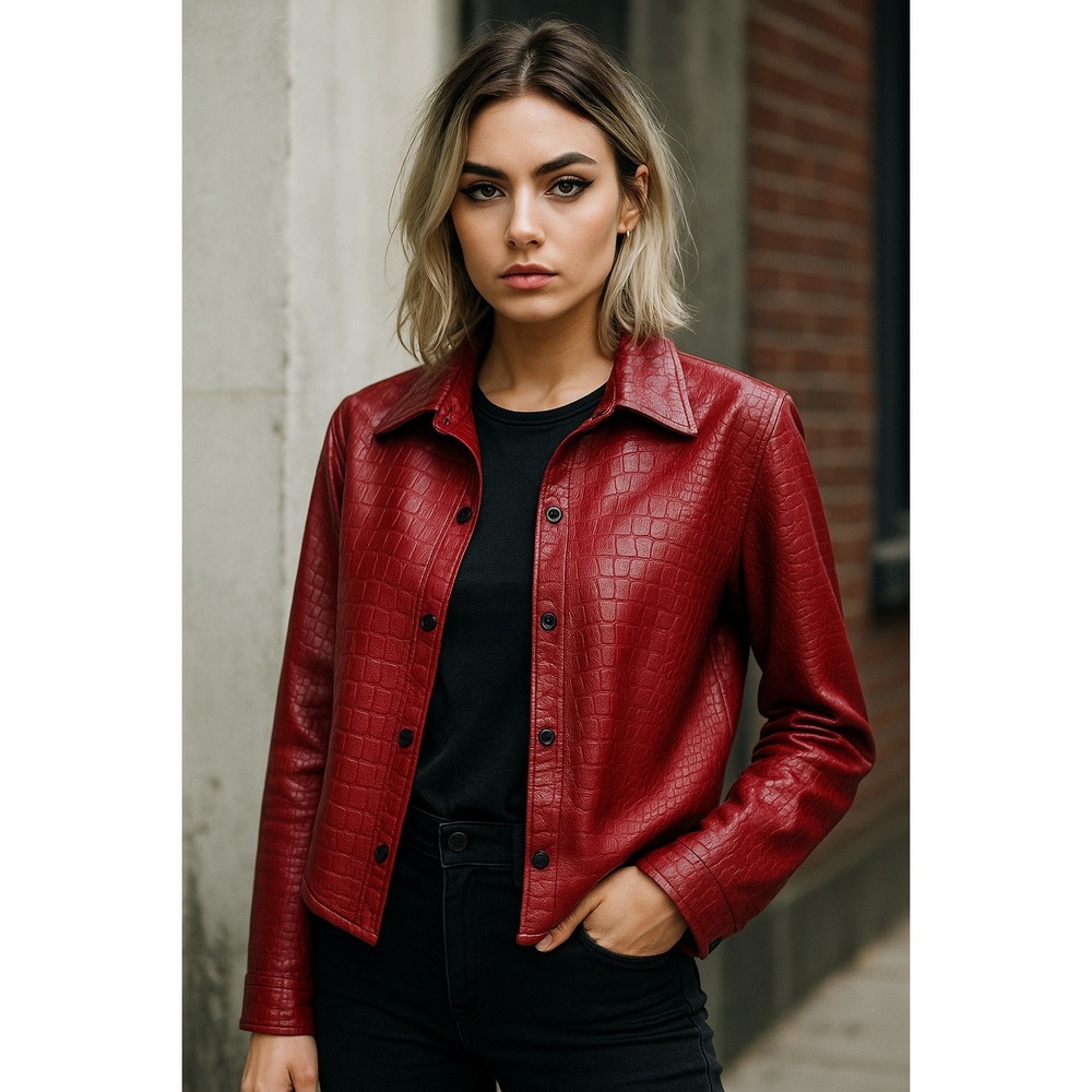 Red Croc Embossed Faux Leather Button Shirt Jacket Women's S Street Style Rocker